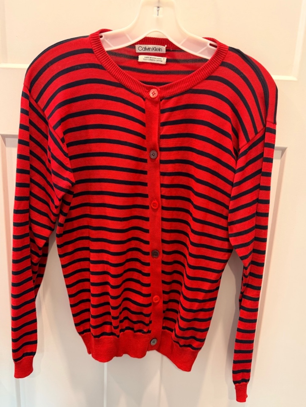 Calvin Klein Striped Cardigan XS Red Navy Button Front Cotton Sweater